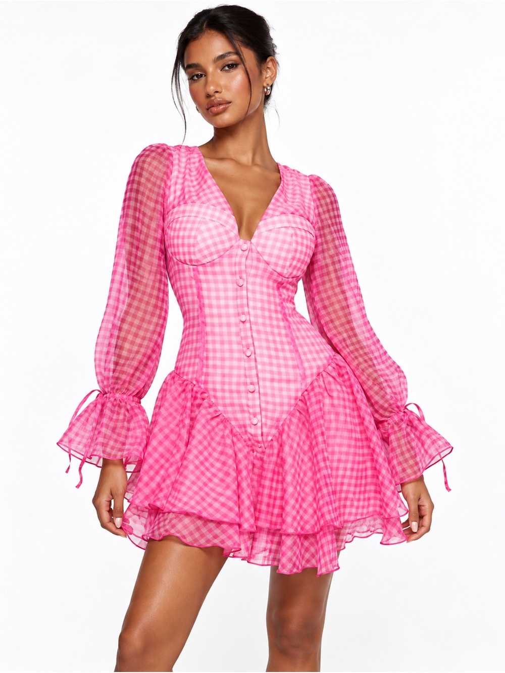 ASOS LUXE Pink Gingham Ruffle Corset Mini Dress